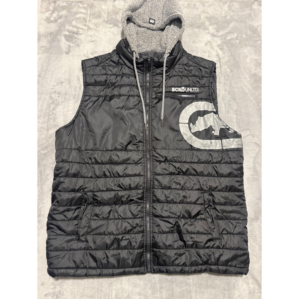 Ecko Unltd Puffer Vest Men XL Black Hooded Rhino Logo Quilted Sleeveless Jacket